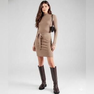 NWT ONLY Tan High Neck Belted Cable Knit Sweater Dress Malt Ball Soft Warm XL